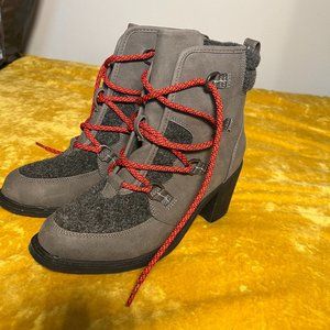 Sonoma Gray Winter Mid Calf Booties Chunky Heel Red Lace Womens Size 11M